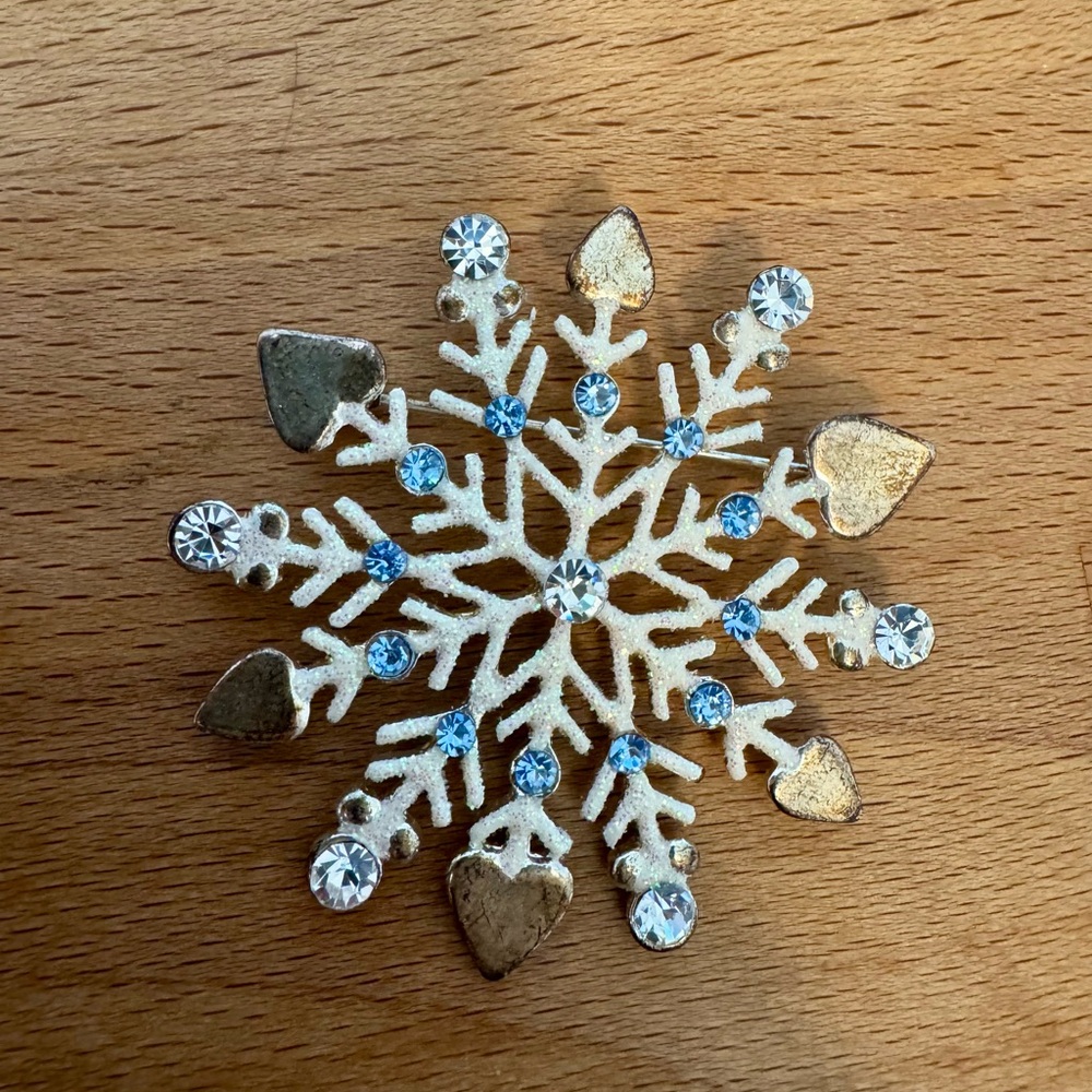 Vintage Snowflake Rhinestone Brooch Pin Blue White Enamel Winter Holiday